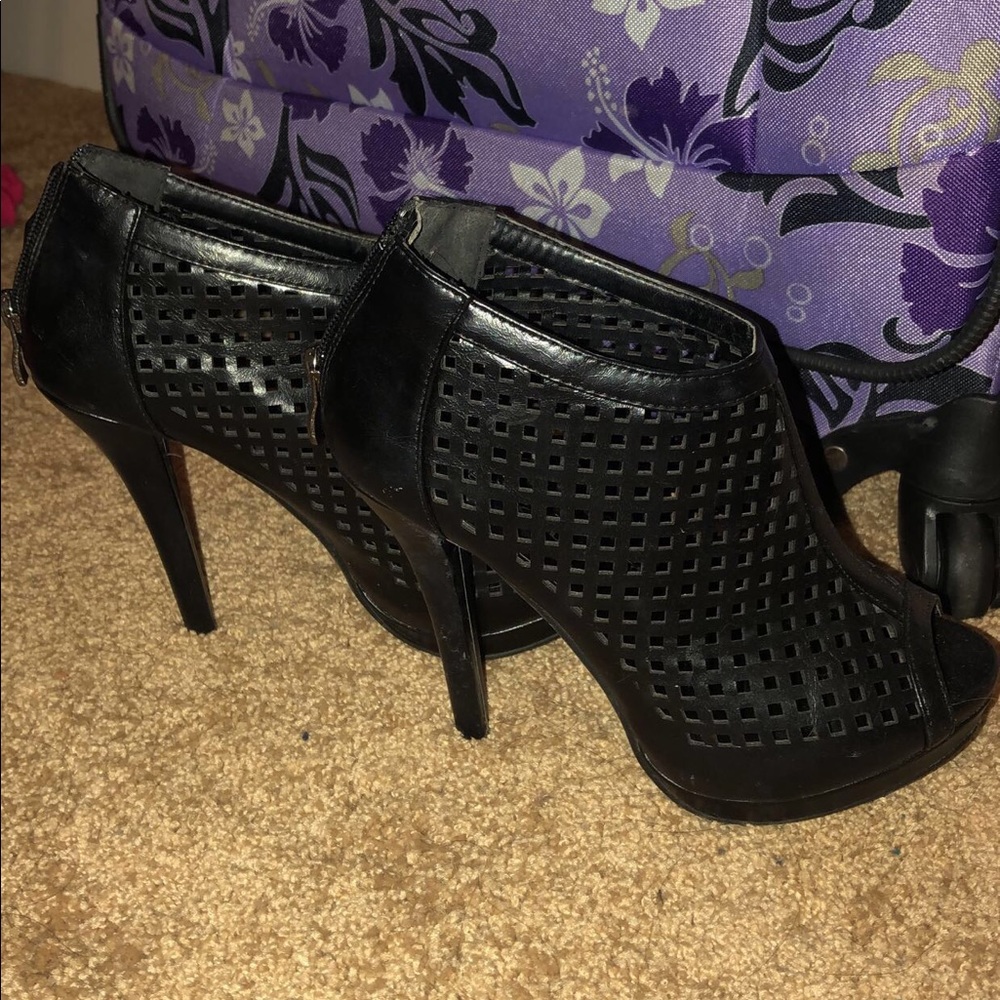 Black cage bootie heels